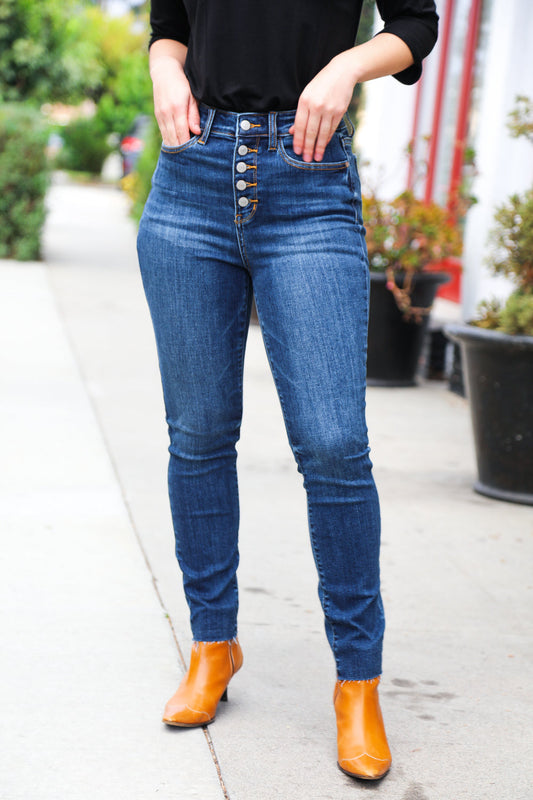Judy Blue Stand Out Dark Denim High Rise Skinny Fit Button Fly Jeans